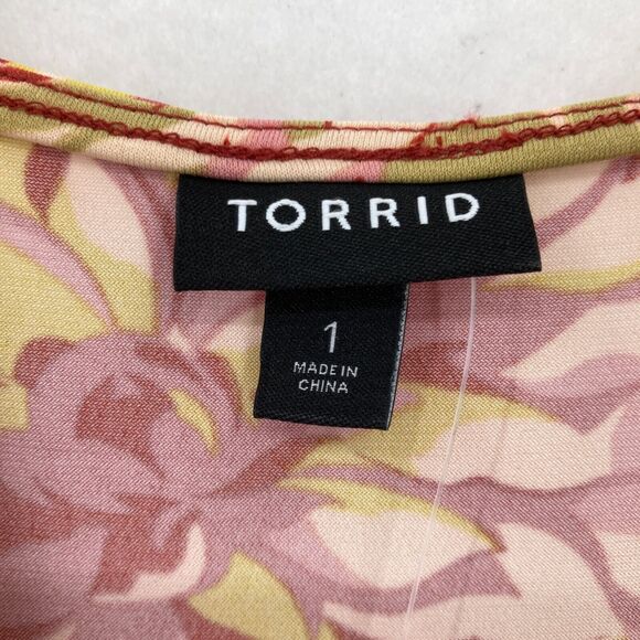 Torrid Floral Surplice Wrap Dress Bell Sleeves Red Pink Yellow Plus 1X Babydoll - Picture 5 of 15